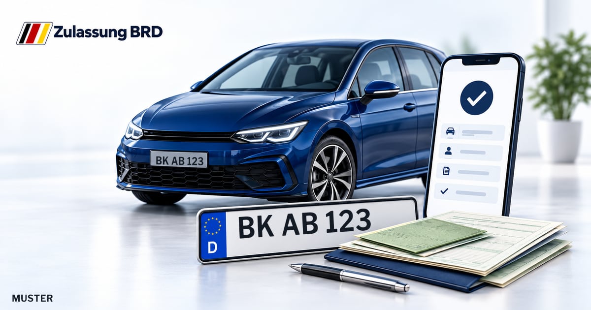 Online Fahrzeugzulassung in Rudersberg: Musterkennzeichen BK AB 123, Auto und Fahrzeugpapiere und Smartphone. Illustration mit Logo von Zulassung BRD.